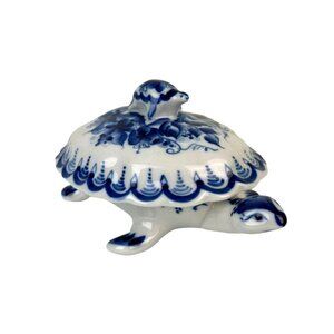 Gzhel Ceramic Russian Turtle Trinket Box Blue White Signed Baby Turtle on Top